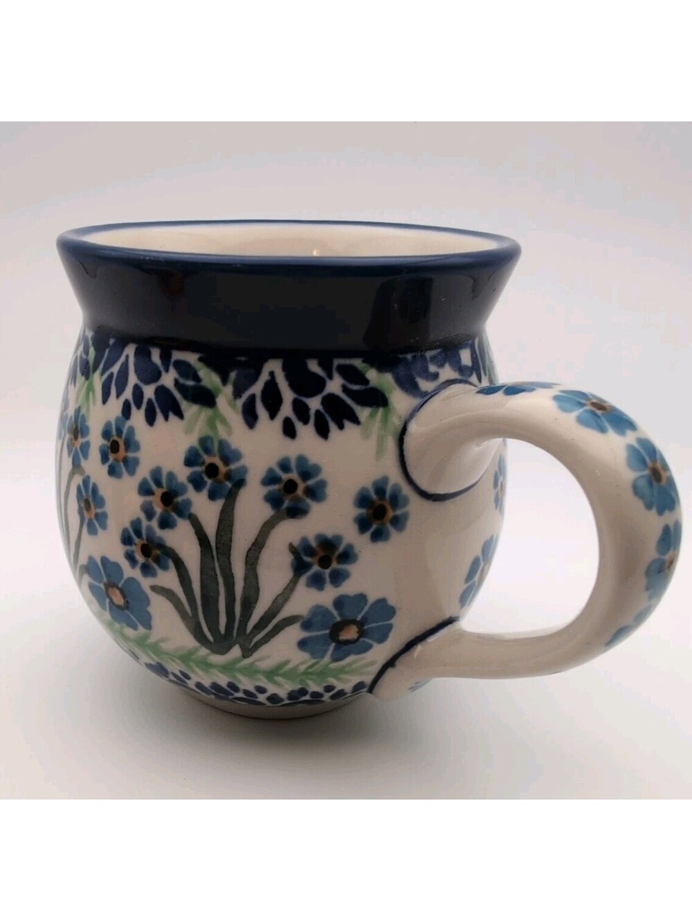 Polish Pottery Bubble Mug Blue Flowers On Mug & Handle 4" Tall